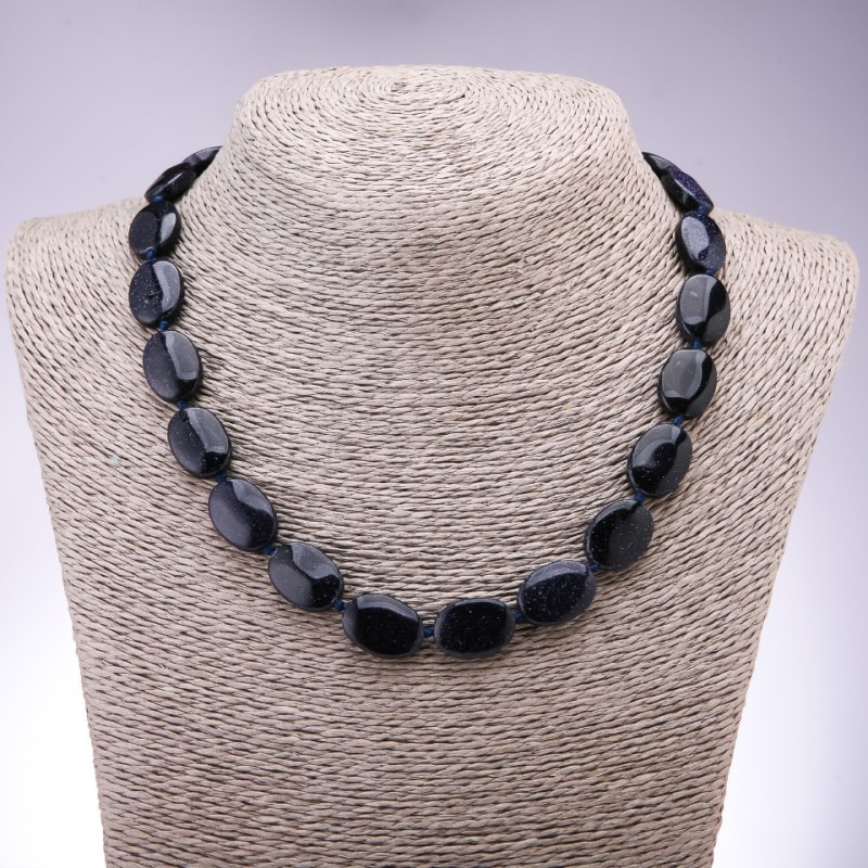 Necklace of Aventurine stones (synthetic) "Blue Sand" Cairo Night flat oval, diameter 13×18mm +-, length 45cm