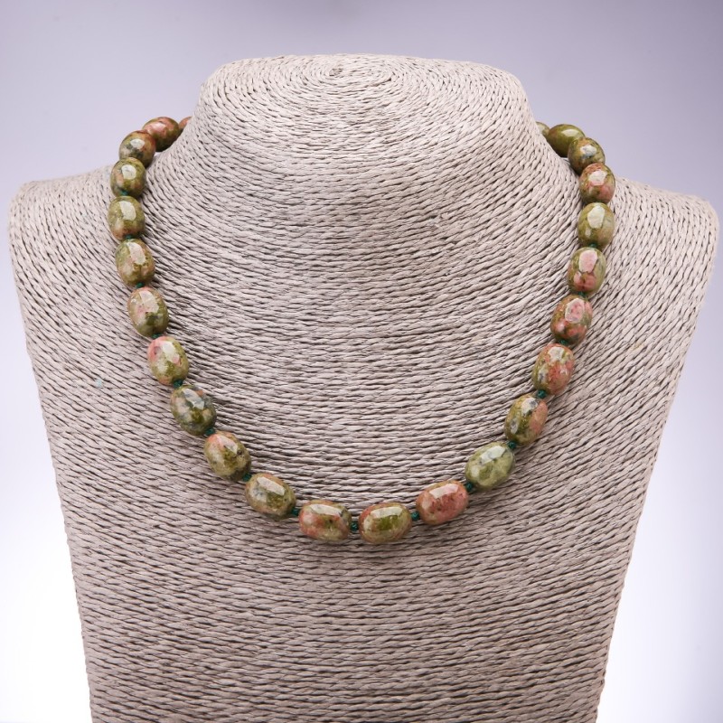 Necklace made of natural gemstone Heliotrope Unakit "barrel", diameter 9×14mm, length 48cm