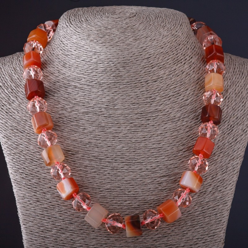 Carnelian Hexagonal Bead Necklace "Bohemian Crystal" L48- cm, 13 mm diameter