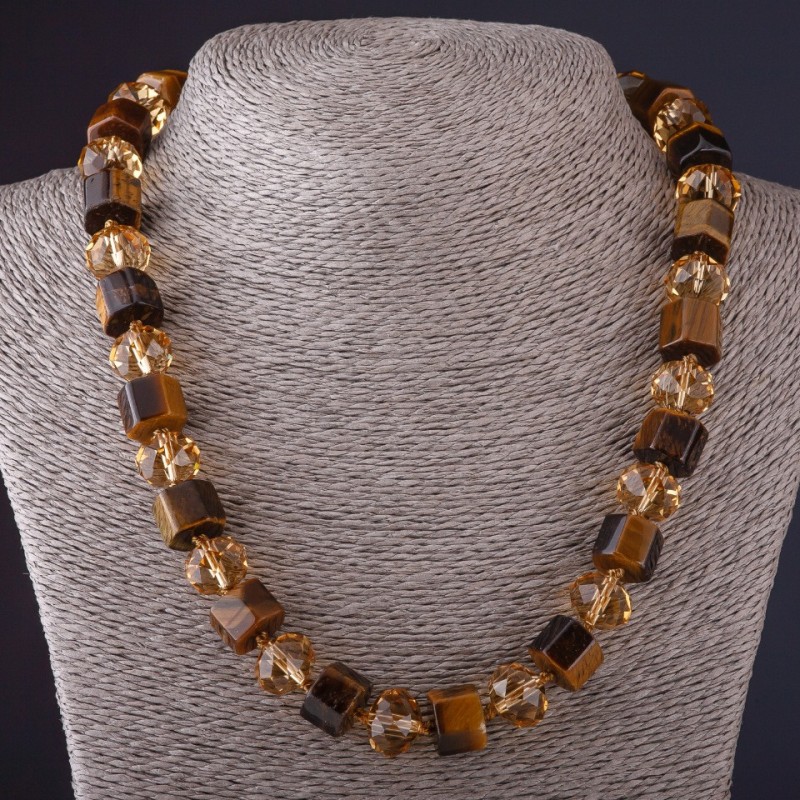 Necklace Hexagonal Tiger’s Eye Stone "Czech Crystal" L48 cm, diameter 13mm