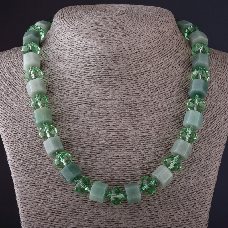 Necklace Hexagon Nephrite Stone "Czech Crystal" L48- cm, diameter 13mm