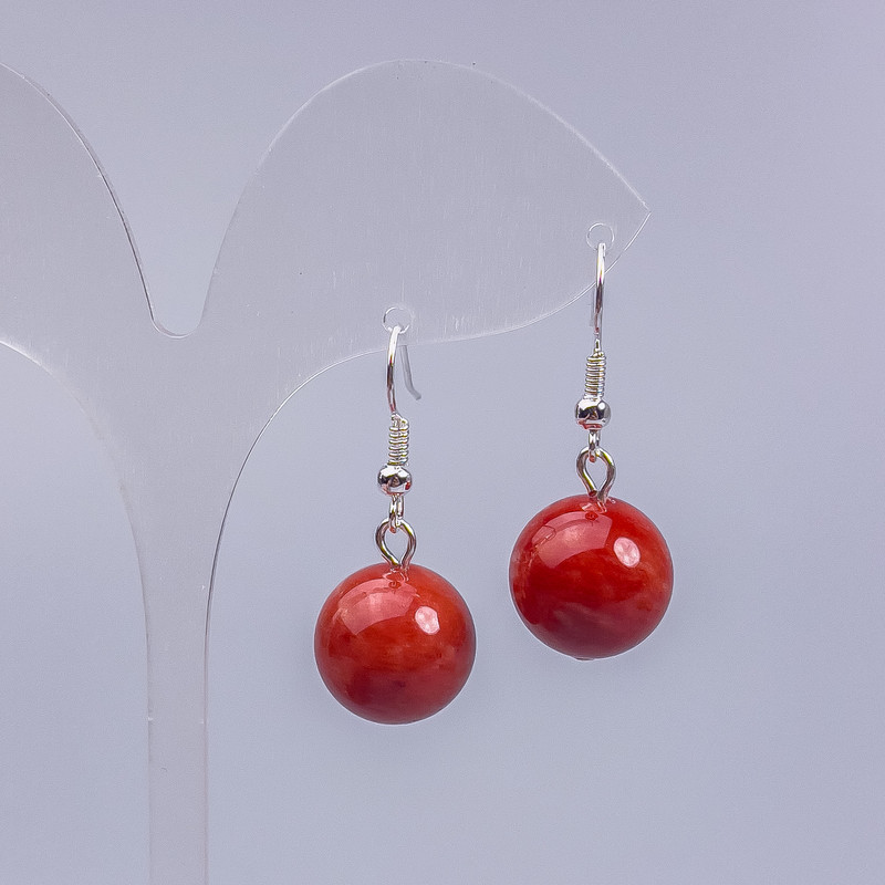 Earrings Red Jasper (artificial) smooth bead, diameter 14mm, length 3cm