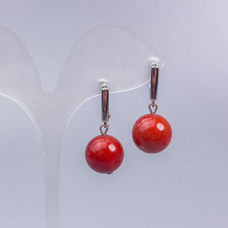Earrings Red Jasper (artificial) smooth bead, diameter 14mm, length 3cm