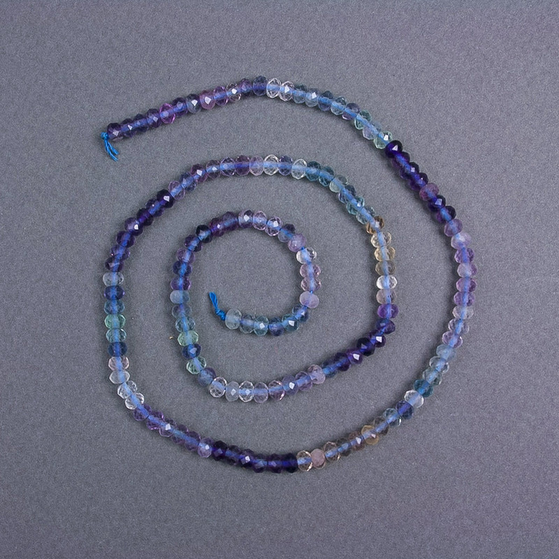 Fluorite Beads, Natural Stone, Faceted Rondelle 4x3 mm, on Thread, 39 cm Length