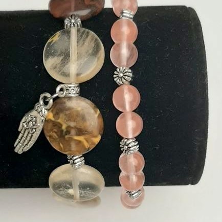 Set of Chalcedony Bracelets, diameter 6.5mm smooth beads, 15mm circle, with silver inserts on elastic, length 18cm+