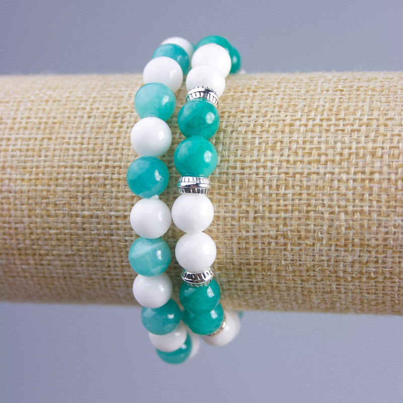 Pair Bracelet Jadeite, Amazonite & White Agate (artificial acrylic), 8mm ± smooth beads on elastic with silver inserts, length 18