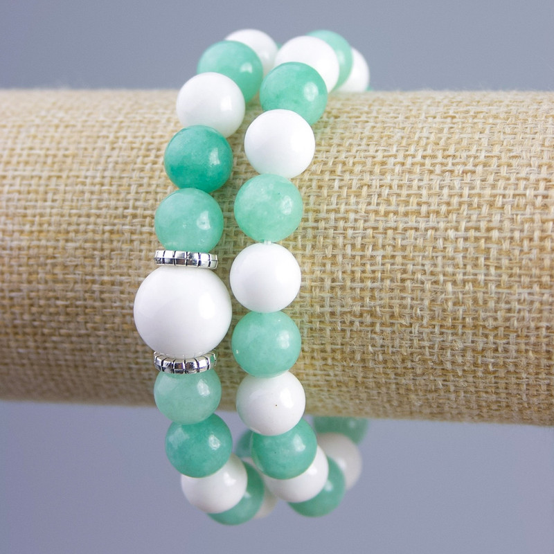 Pair Bracelet with Jadeite and White Agate (artificial acrylic), diameter 10mm, 14mm± smooth beads with silver inserts on elastic, length 18cm+