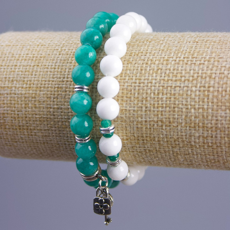 Pair Bracelet Amazonite and White Agate (synthetic acrylic), diameter 8.5mm ± smooth ball with silver inserts on elastic, length 18cm+