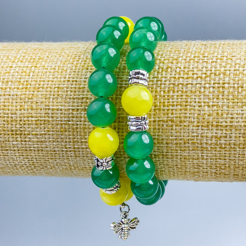 Bracelet "Ukraine" pair Jadeite, Citrine (artificial acrylic), 10mm± smooth beads with silver inserts on elastic, length 18cm+