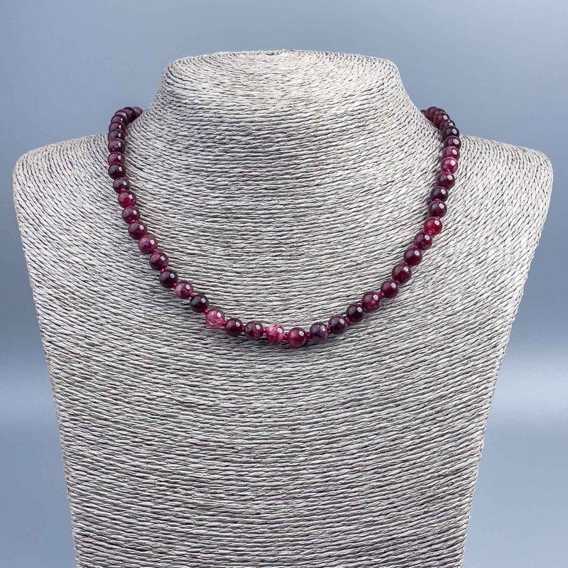 Tourmaline Rubellite necklace with natural stone, smooth round beads, 6.5mm diameter, length 48cm