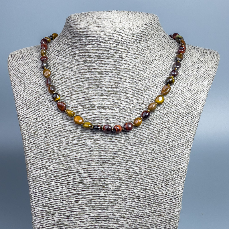 Necklace Tiger's Eye, Bull’s Eye, Hawk's Eye Tumbled, diameter 9x7mm +-, length 46cm +