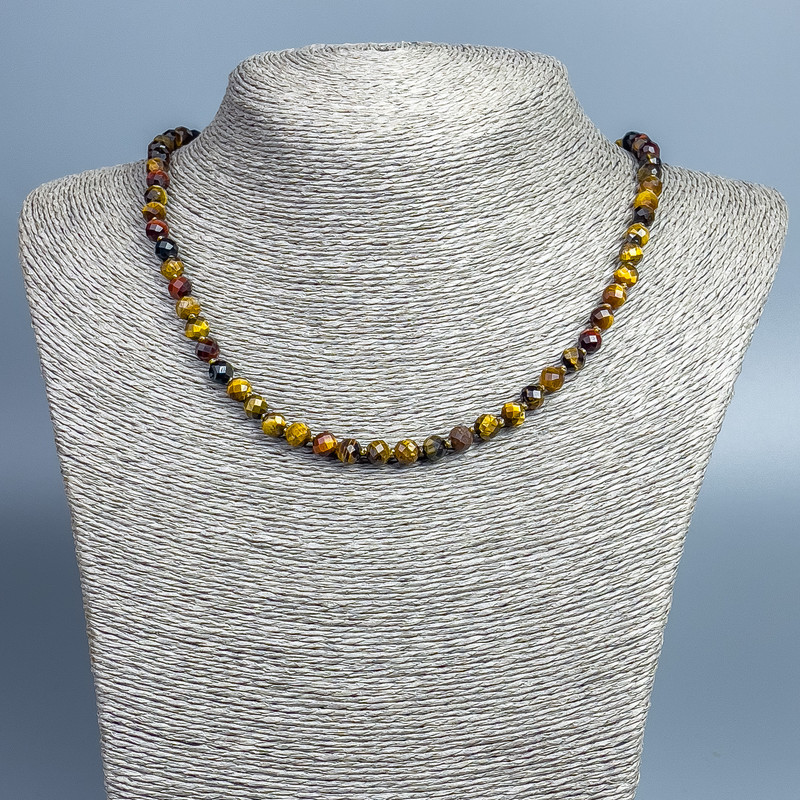 Necklace Tiger's Eye, Bull's Eye and Hawk's Eye Bead, 6mm faceted beads, 46cm length +