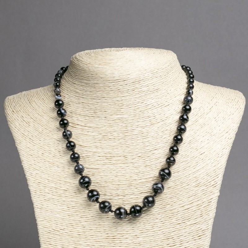 Necklace on enlargement with natural black agate smooth beads, diameter 6-10mm ±, length 45cm ±