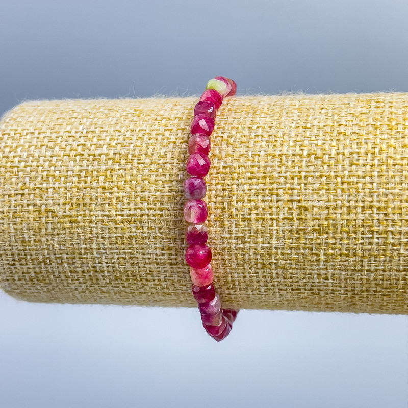 Bracelet, Polychrome Tourmaline Natural Stone, Faceted Cube, 5x5mm, approx. 18cm (stretch)