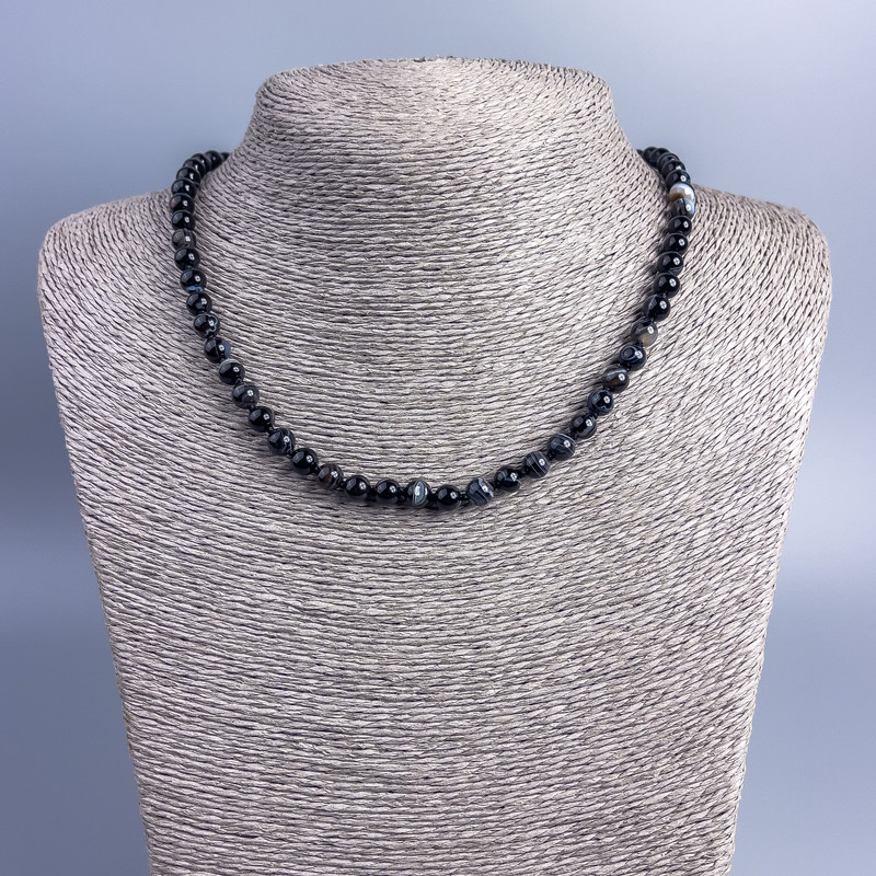 Natural Stone Necklace Agate Black Smooth Bead 6mm Diameter, 48cm Length +