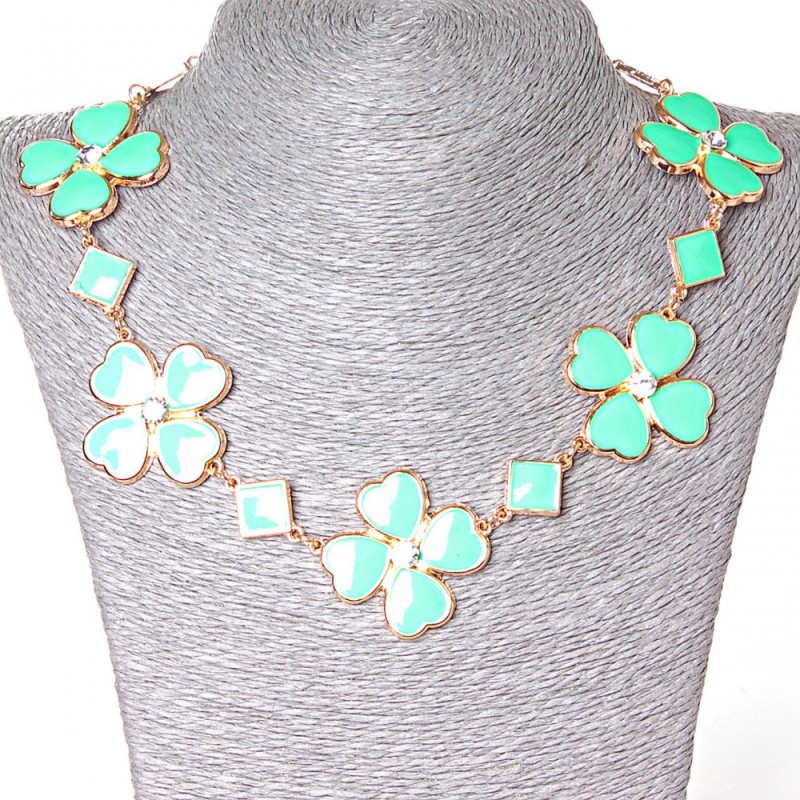 Necklace with Diamonds—Diamonds shapes and flowers in Gold-toned metal and aquamarine glossy finish (15-35 mm)