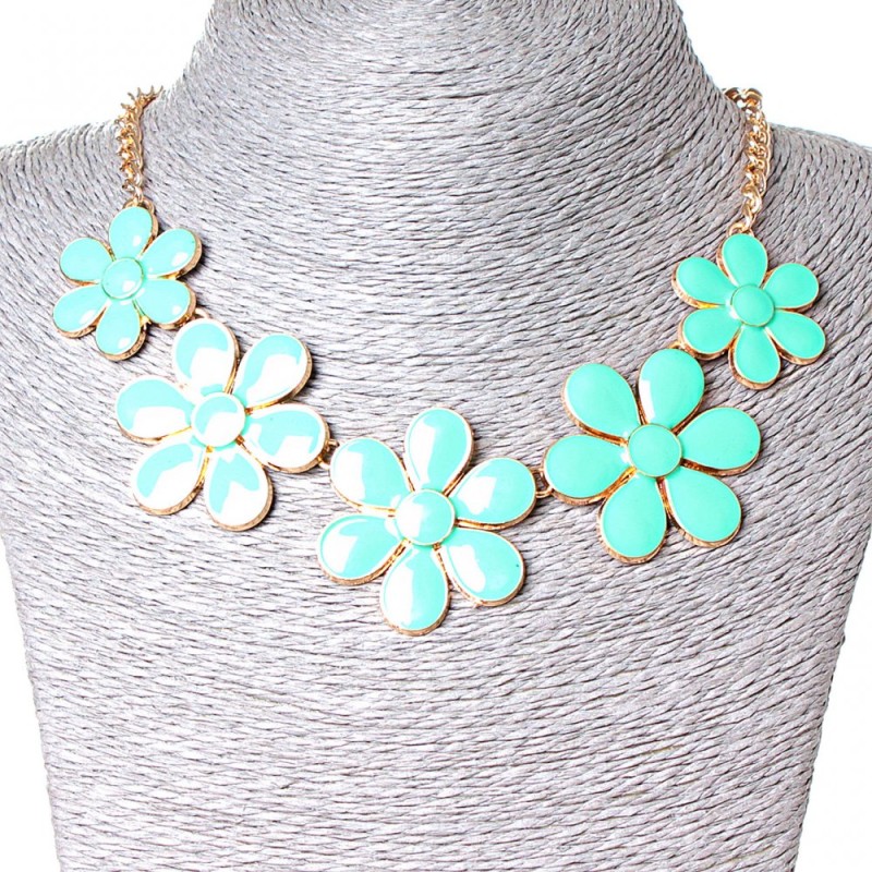Necklace Daisy Flower Gold Shine Aquamarine (30x40 mm)