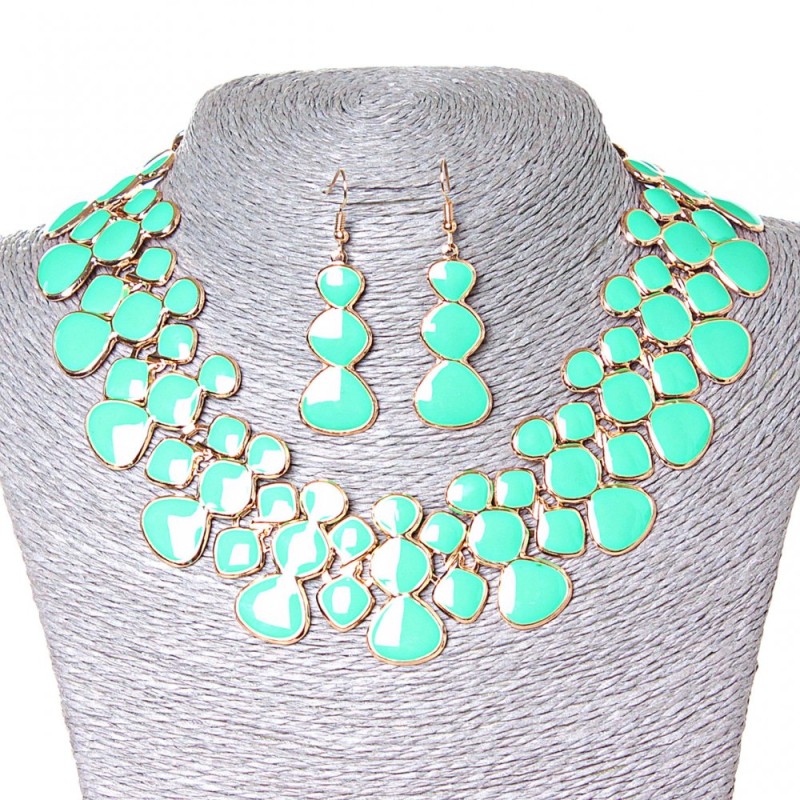 Pendant Necklace + Earrings Lava-Lamp, Gold tone metal and Aqua React glossy