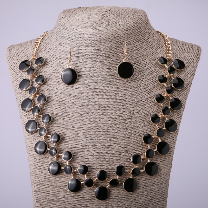 Necklace and Earrings Set with Black Enamel, length 57-64 cm