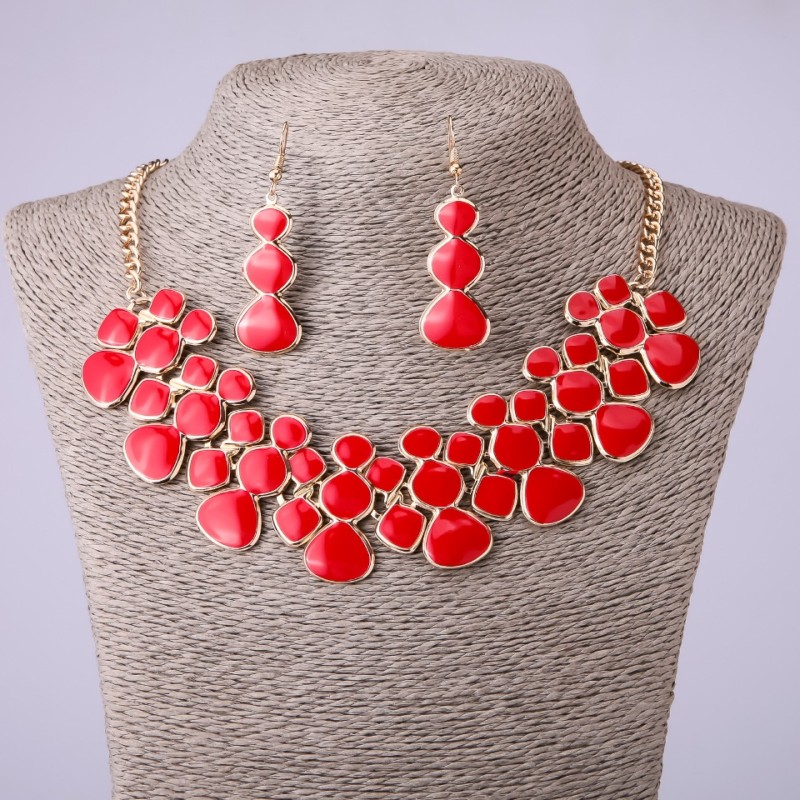 Necklace and Earrings Set in Red Enamel, length 46-52 cm