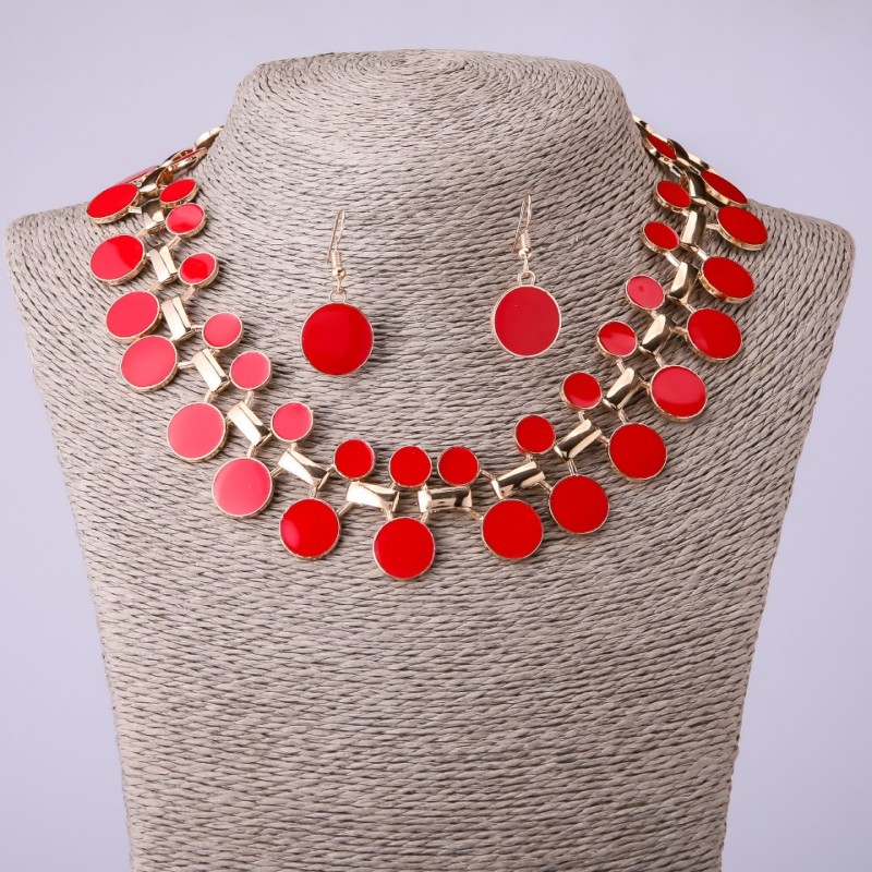 Necklace Set with Red Enamel Pendant and Earrings, 45 cm