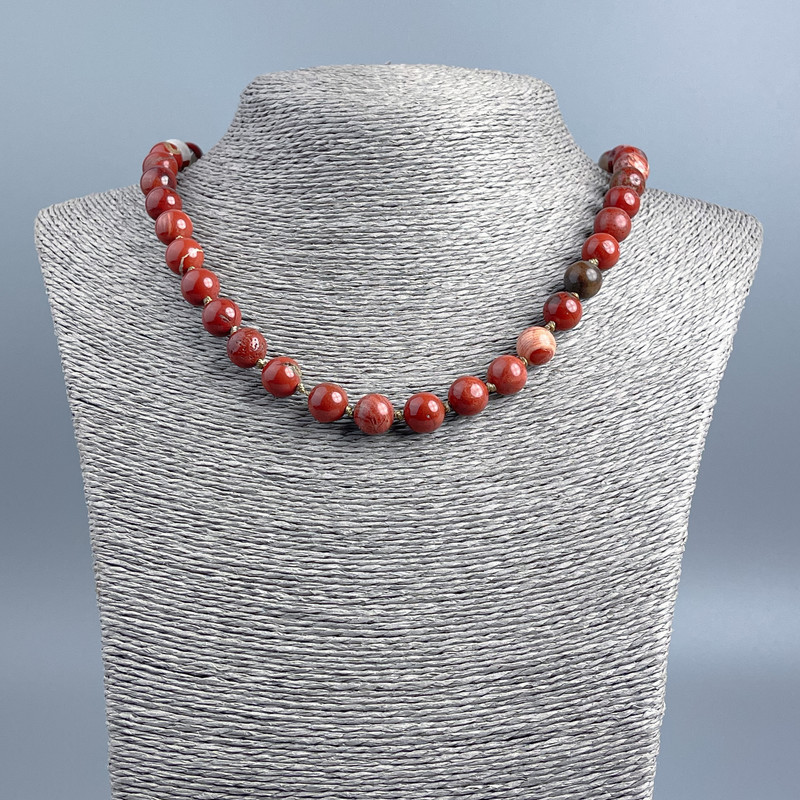 Red Jasper Bead Necklace, smooth round beads, diameter +-mm, length 48 cm