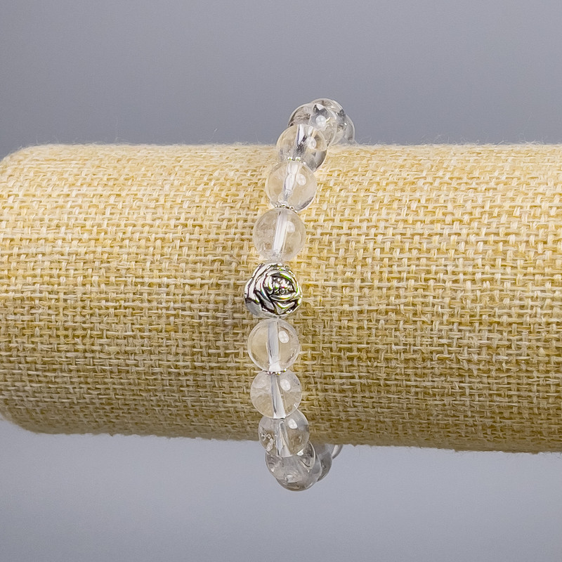 Bracelet made of Mountain Crystal with Rose inlay, smooth bead, diameter 8+-mm, length 18 cm stretch