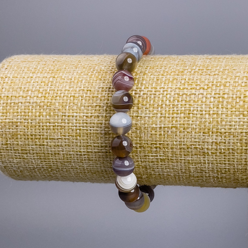 Bracelet of Botswana Agate natural stone, smooth round beads 8mm diameter, 18cm length (stretch)