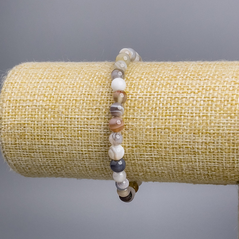 Bracelet made from Botswana Agate natural stone, smooth 6 mm round beads, length 18 cm stretch