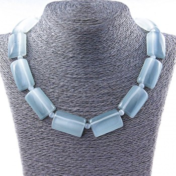Cat's Eye Necklace rectangular 33×20 mm and bead spacer in grey, 50 cm length