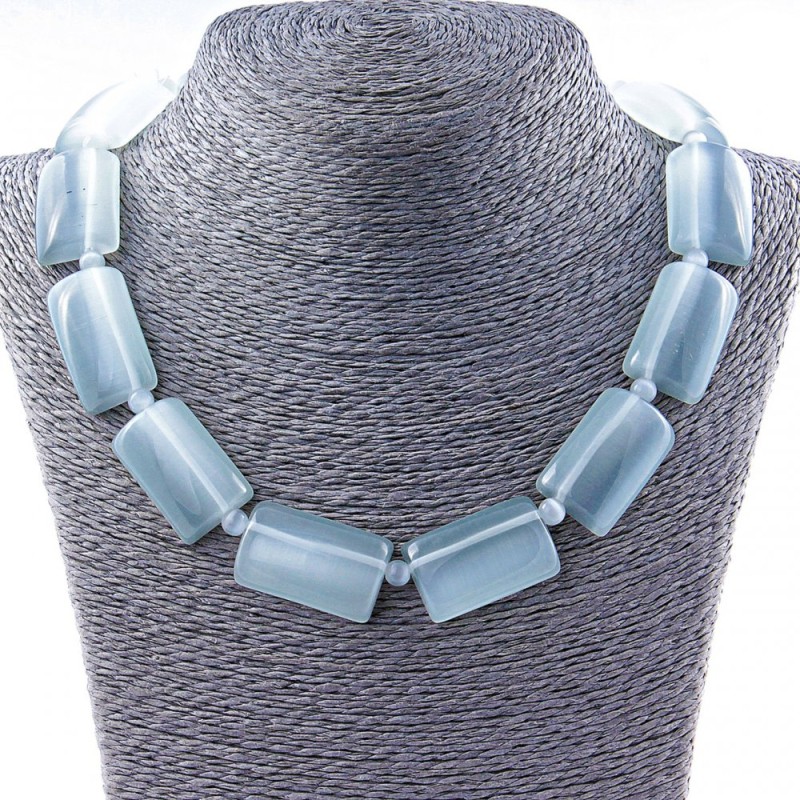 Cat's Eye Necklace rectangular 33×20 mm and bead spacer in grey, 50 cm length