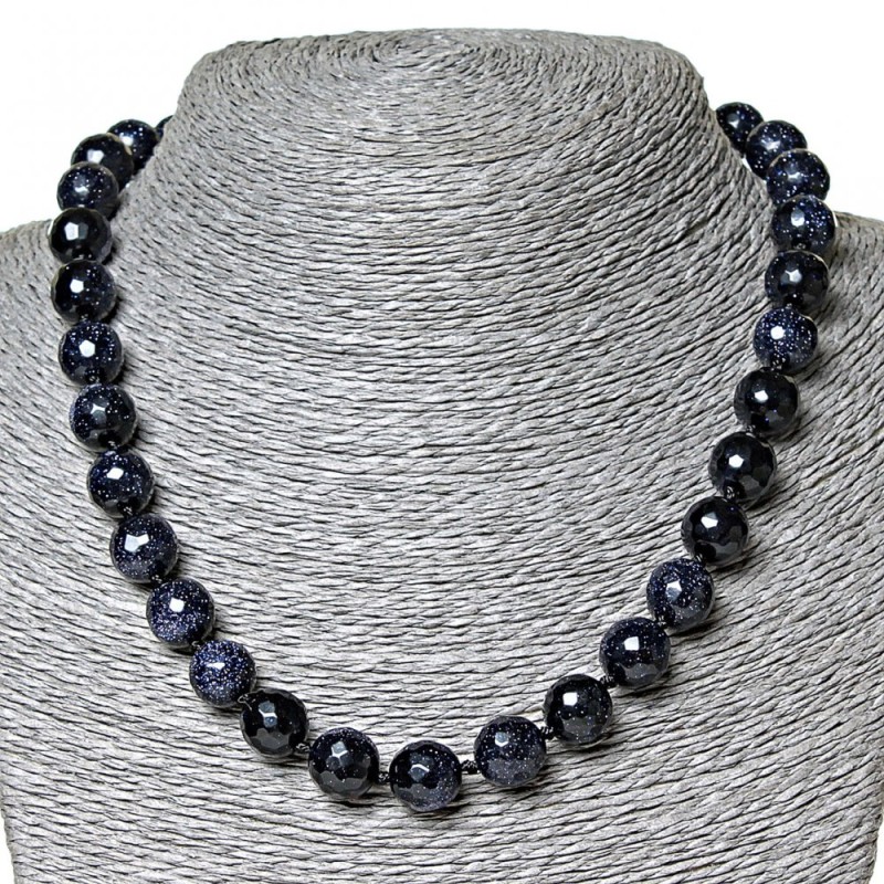 Necklace Aventurine (synthetic) Blue Sand Night of Kaïra, faceted beads 12mm, length 46cm