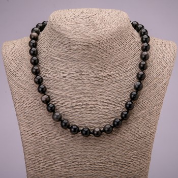 Necklace made of natural stone: Silver Obsidian smooth bead, diameter 10 (+-) mm, length 45 cm