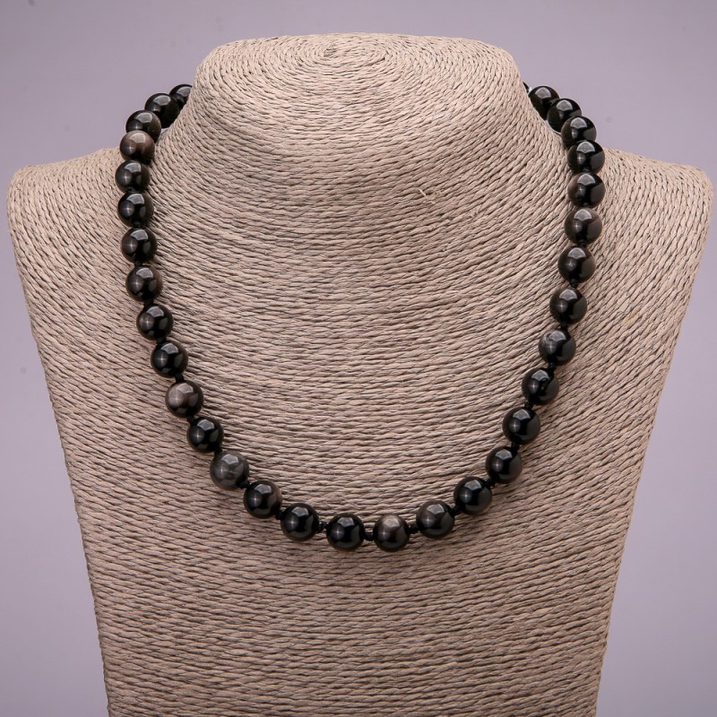 Necklace made of natural stone: Silver Obsidian smooth bead, diameter 10 (+-) mm, length 45 cm
