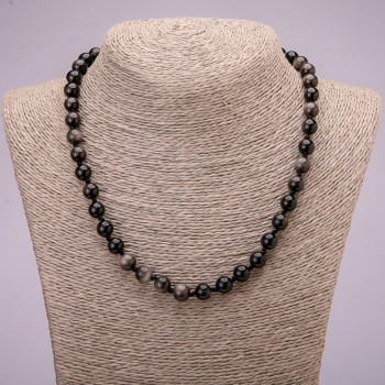 Necklace made of natural stone Silver Obsidian smooth bead, diameter 8(±)mm, length 45cm +