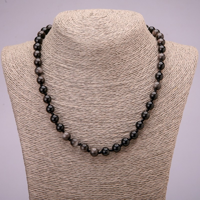 Necklace made of natural stone Silver Obsidian smooth bead, diameter 8(±)mm, length 45cm +