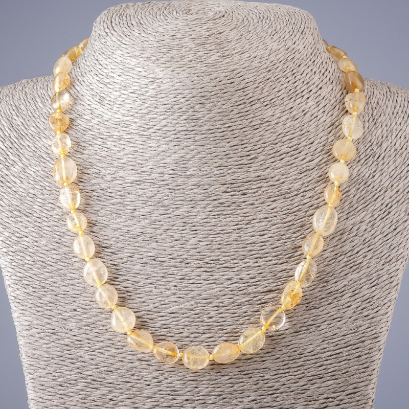 Necklace made of rutilated quartz Hairy Quartz gold "tumbled" coin, length 47 cm, bead diameter 5-10 mm