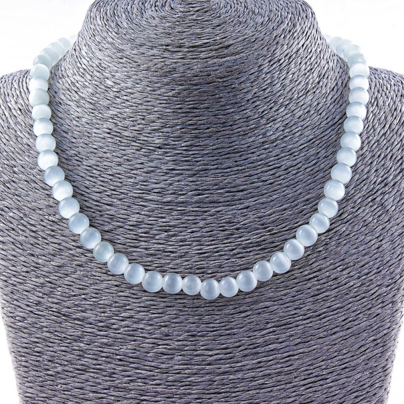 Cat's Eye Bead Pendant 8mm Gray Necklace 40cm