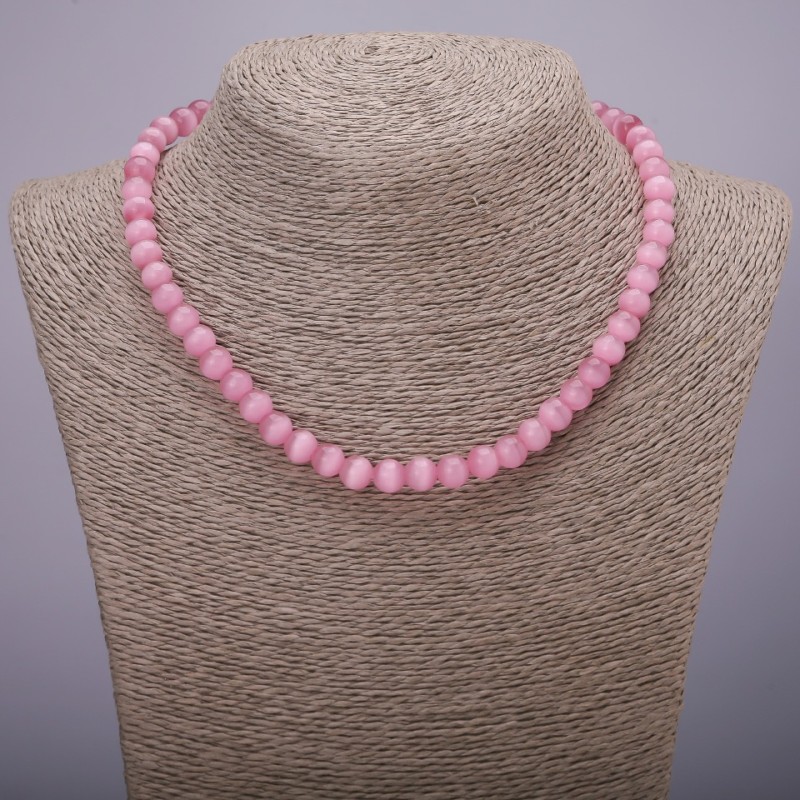 Cat's Eye Necklace Pink Smooth Bead, diameter 8(±)mm, length 42cm