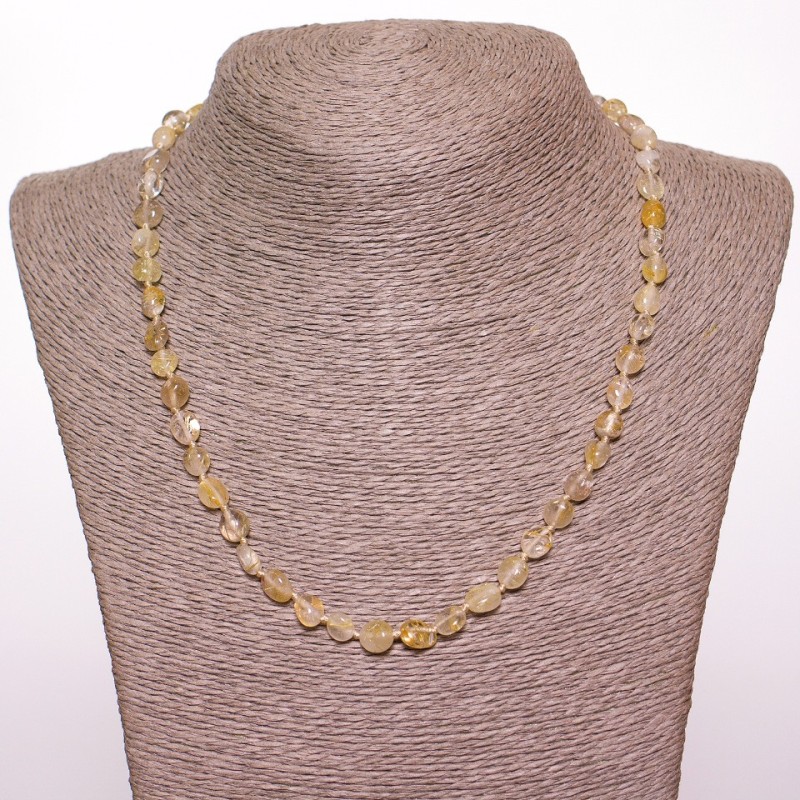 Necklace of Rutilated Quartz "Hairy" Oval Bead with Galute? "White Gold" diameter 6mm (±), length 50cm