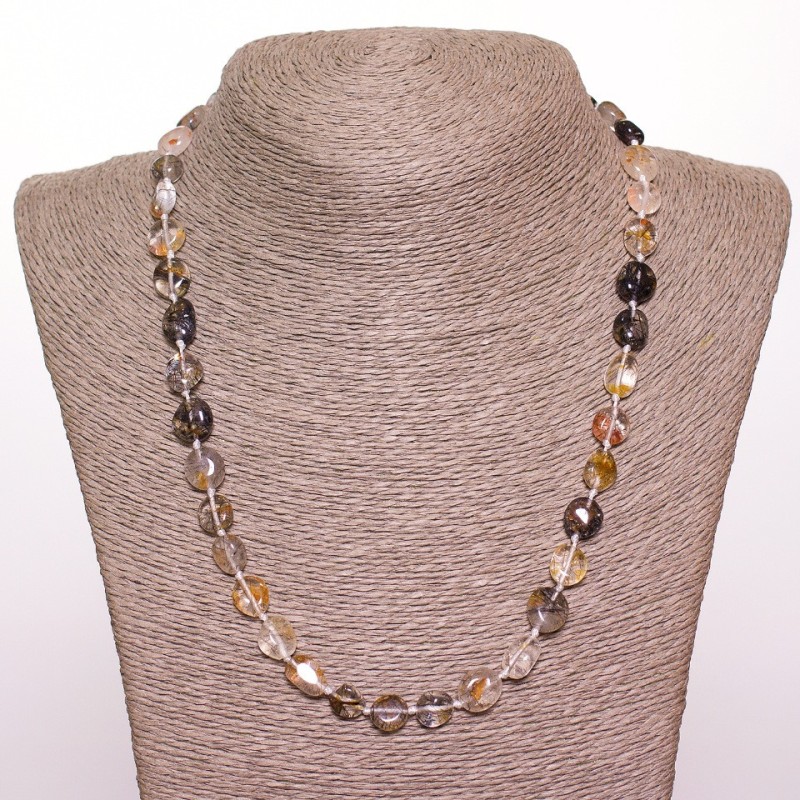 Necklace of Rutile Quartz "Hairy" flat faceted 8–10 mm beads, length 50 cm