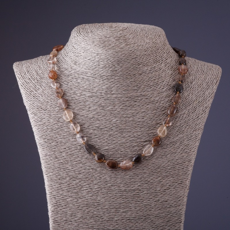 Necklace beads Quartz Hairy (Chocolate) cabbed oval, diameter 8-10mm, length 45cm