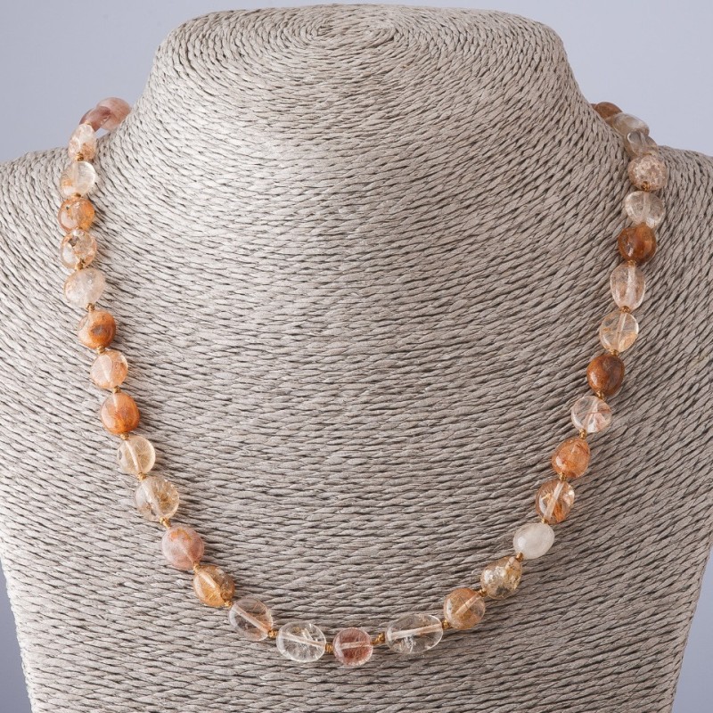 Natural stone Hairy Quartz necklace, golden 'faceted' beads, length 49cm, diameter 7-11(±)mm