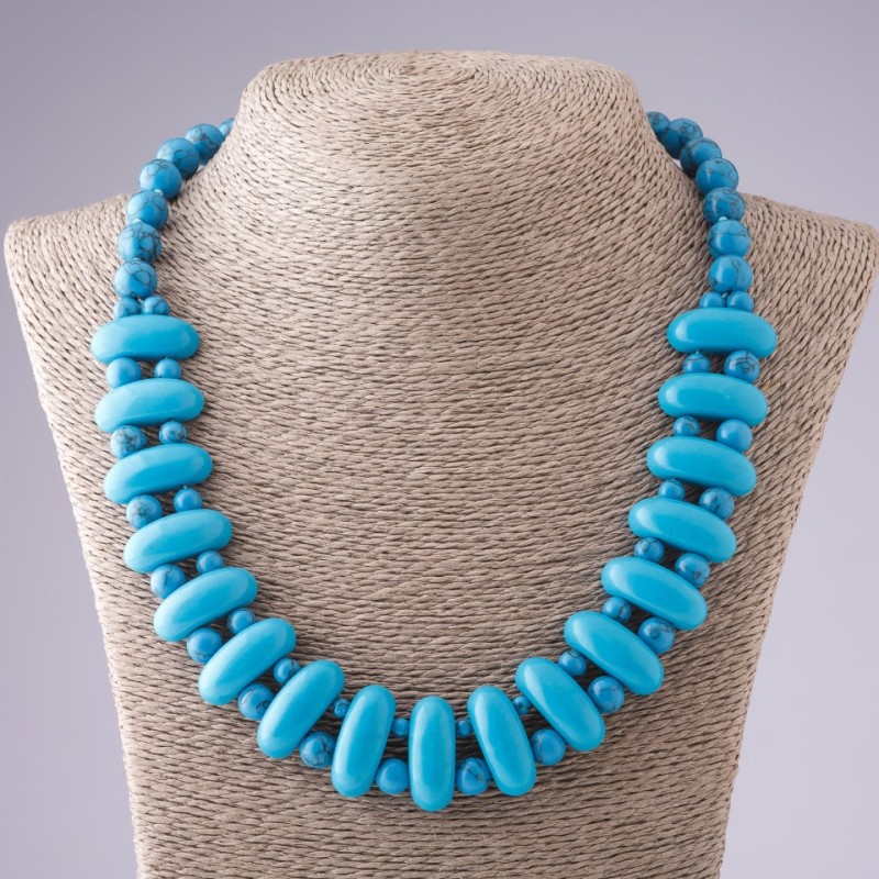 Cleopatra Necklace Turquoise Blue Bead Chain 10×25 mm and 10 mm Round Bead L50cm