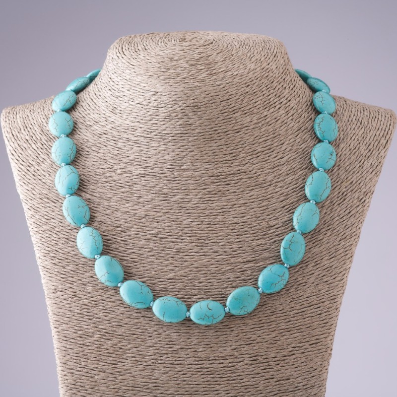 Turquoise Necklace green with veins oval, length 50cm, 13×17mm diameter
