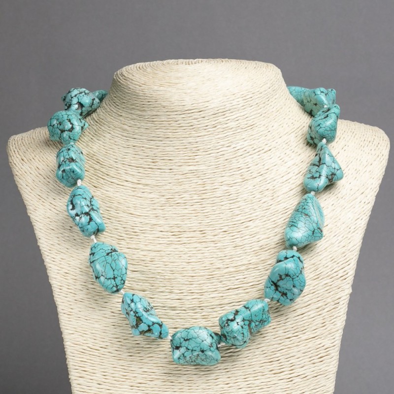 Necklace of natural turquoise stone (pressed) green natural form, length 50cm, bead size 28×20mm (+-)