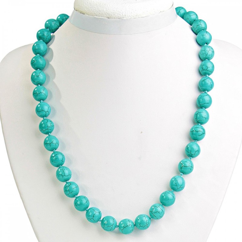 Necklace Green Turquoise with Veins, 12mm Beads, 46 cm long