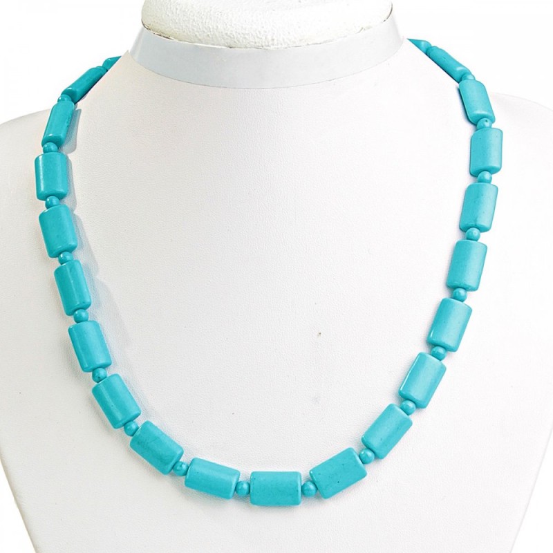 Blue Turquoise Necklace with Rectangular Beads 10×15mm and Rounds, 49cm