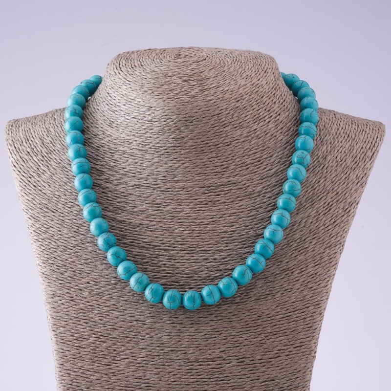 Necklace made of natural stone Turquoise green (raw) with veins bead, diameter 10mm, length 46cm without knot
