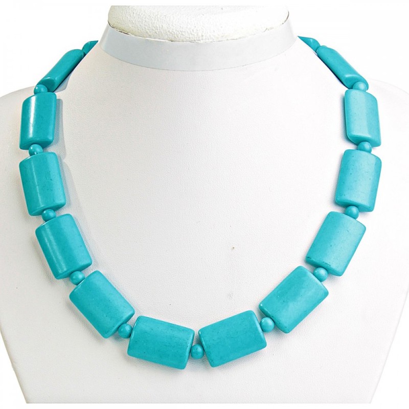 Blue Turquoise Necklet with Rectangular Stone 18×25mm± and Bead Between Them, Length 49cm+